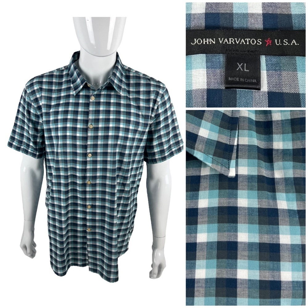 John Varvatos Star USA Mens XL Shirt Cotton Plaid Button Short Sleeve Blue EUC